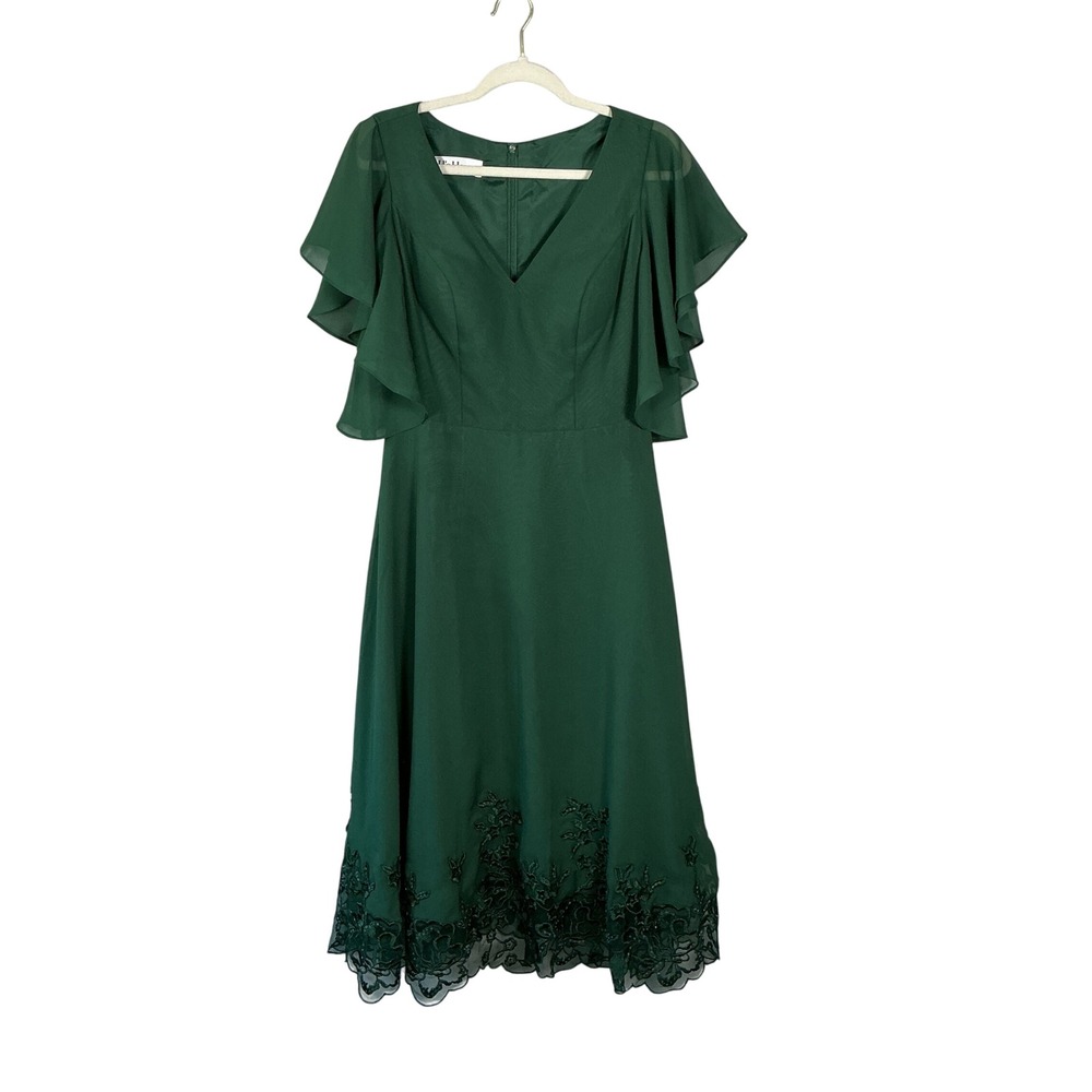 JJ's House Forest Green Chiffon Flutter Sleeve Embroidered Lace Cocktail Dress 8